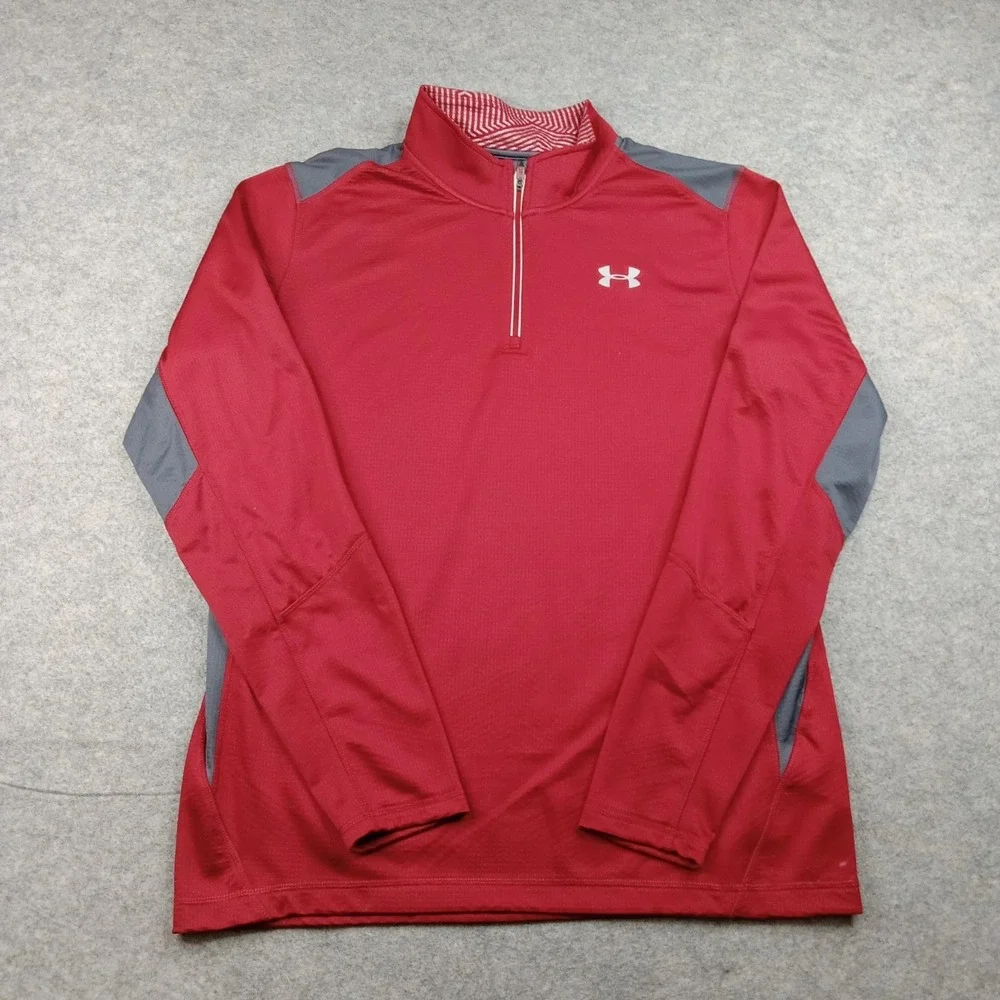 Under Armour Pullover‎ Mens XL Red Colorblock 1/4 Zip Long Sleeve Top 1288057